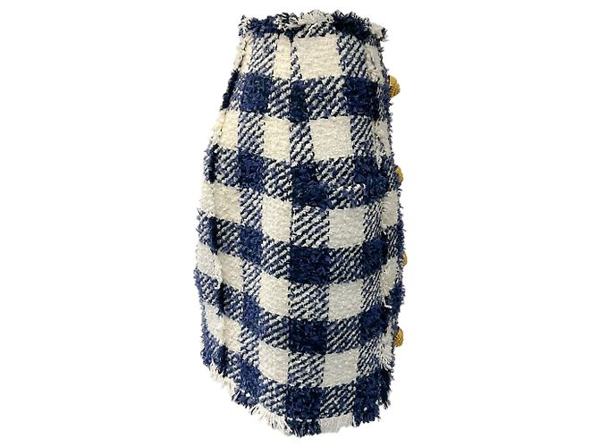 Balmain Minirock mit hoher Taille in Creme / Marineblau Gingham mit Goldknöpfen - Ansicht 3