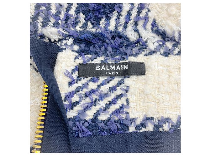 Balmain Minirock mit hoher Taille in Creme / Marineblau Gingham mit Goldknöpfen - Ansicht 4
