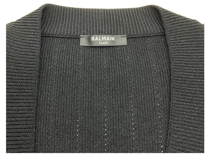 Balmain Rippstrick-Cardigan in Schwarz mit V-Ausschnitt und Goldknöpfen - Ansicht 4