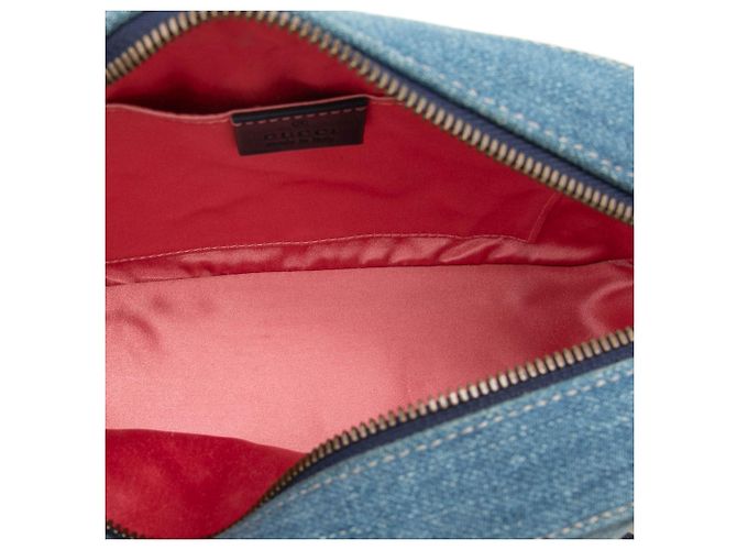 Borsa a tracolla in denim blu Gucci Small GG Marmont con perle - vista 4