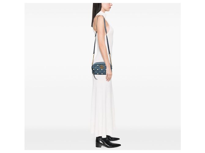 Borsa a tracolla in denim blu Gucci Small GG Marmont con perle - vista 6