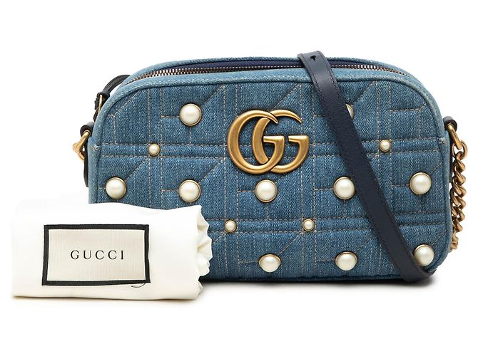 Borsa a tracolla in denim blu Gucci Small GG Marmont con perle - vista 7