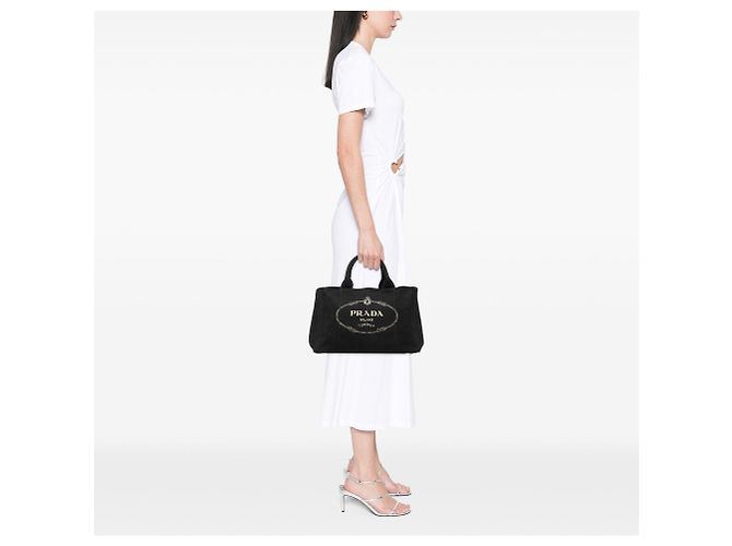Borsa Tote Satchel Prada in tela Canapa con logo nera Nero - vista 6