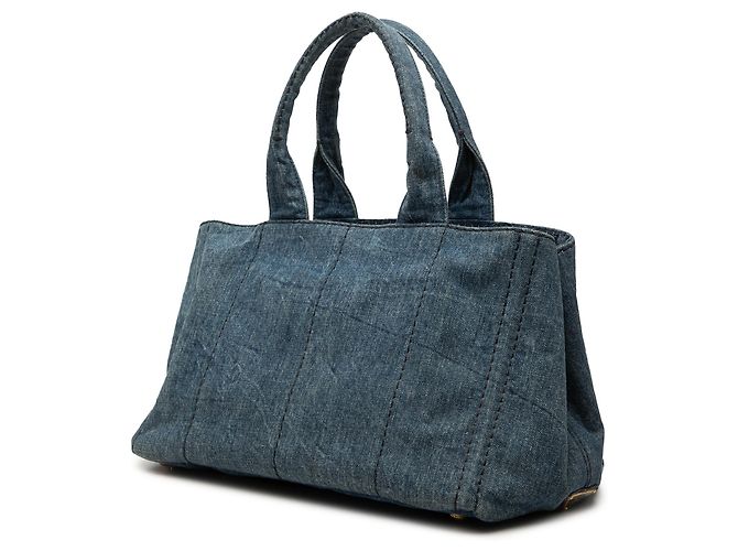Borsa Tote Satchel Prada Denim Canapa Logo blu - vista 2