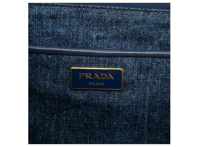 Borsa Tote Satchel Prada Denim Canapa Logo blu - vista 5