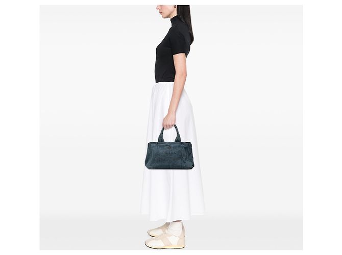 Borsa Tote Satchel Prada Denim Canapa Logo blu - vista 6