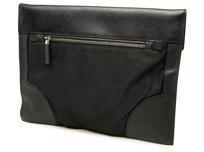 Clutch Prada in Tessuto con rifiniture in Saffiano nera Nero - vista 2