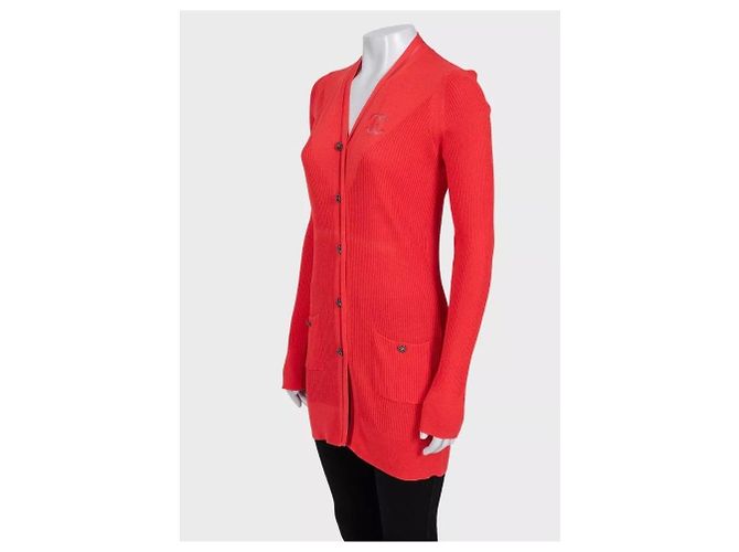 Timeless CHANEL Cardigan lungo aderente in misto seta e cotone rosso FR 38 M usato - vista 2