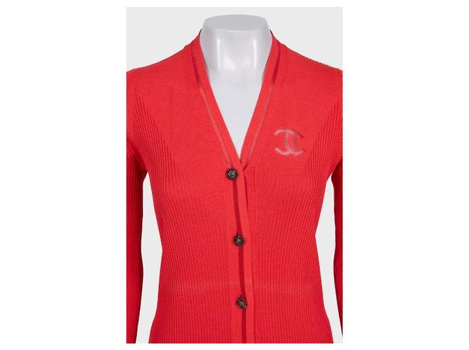 Timeless CHANEL Cardigan lungo aderente in misto seta e cotone rosso FR 38 M usato - vista 4