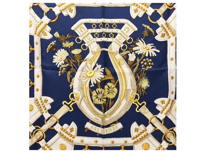 Hermès Foulard Hermes Carre 90 Aux Champs Bianco Giallo Blu navy - vista 4