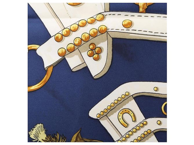 Hermès Foulard Hermes Carre 90 Aux Champs Bianco Giallo Blu navy - vista 5