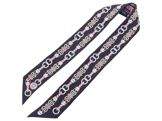 Hermès Hermes Twilly HARNAIS EN ROSACE Scarf Pink Multiple colors Navy blue - view 2