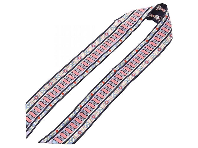 Hermès Hermes Twilly HARNAIS EN ROSACE Scarf Pink Multiple colors Navy blue - view 3
