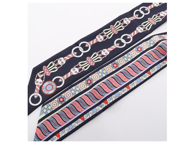 Hermès Hermes Twilly HARNAIS EN ROSACE Scarf Pink Multiple colors Navy blue - view 6