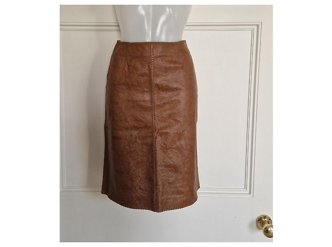 Céline Celine Falda Midi de Piel de Cordero Grabada Marrón Castaño - vista 2