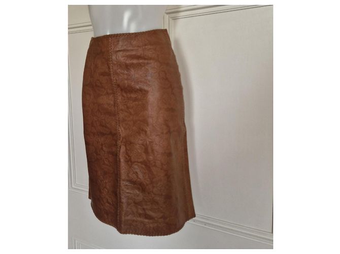 Céline Celine Falda Midi de Piel de Cordero Grabada Marrón Castaño - vista 3
