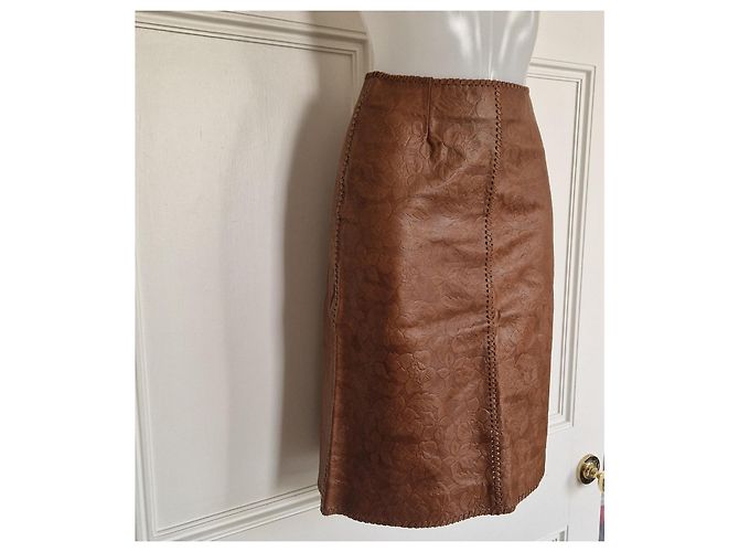 Céline Celine Falda Midi de Piel de Cordero Grabada Marrón Castaño - vista 4