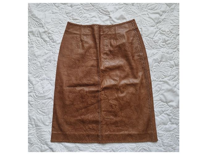 Céline Celine Falda Midi de Piel de Cordero Grabada Marrón Castaño - vista 5