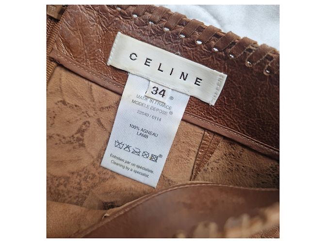 Céline Celine Falda Midi de Piel de Cordero Grabada Marrón Castaño - vista 6