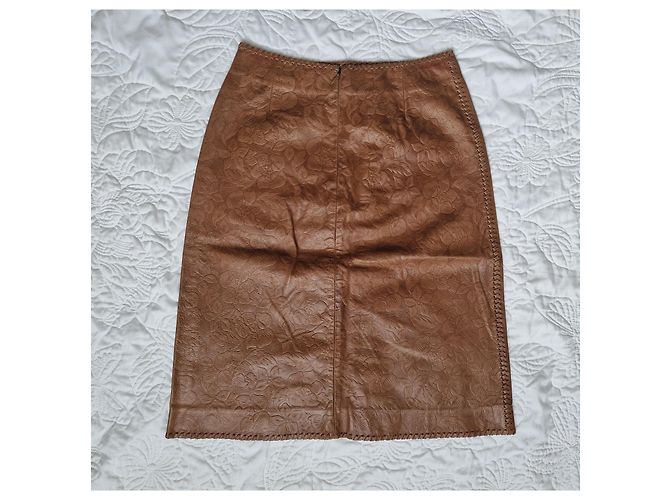 Céline Celine Falda Midi de Piel de Cordero Grabada Marrón Castaño - vista 7
