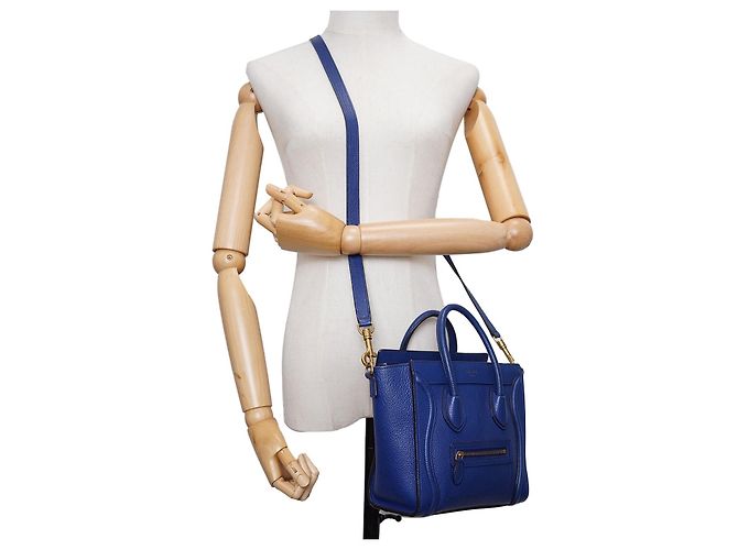 Céline Borsa Tote Blue Nano Luggage in pelle drummed e camoscio con tracolla - vista 2