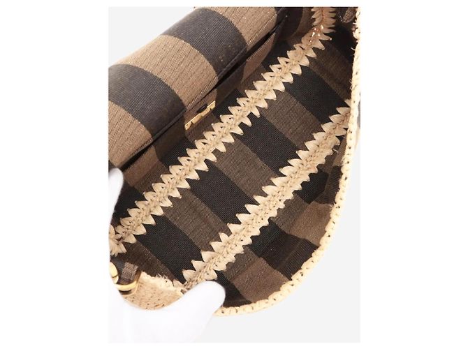 Fendi Borsa Baguette marrone in tela e rafia - vista 11