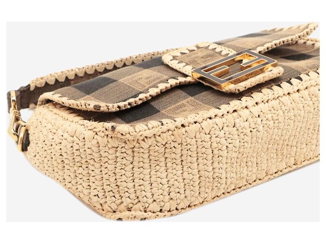 Fendi Borsa Baguette marrone in tela e rafia - vista 3