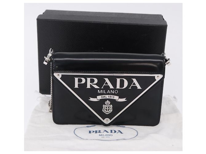 PRADA Chain Shoulder Bag Patent leather Black Silver - vista 12