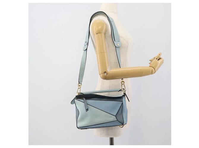 LOEWE Puzzle Small Hand Bag Leather 2way Light Blue Gold Tone - vista 29