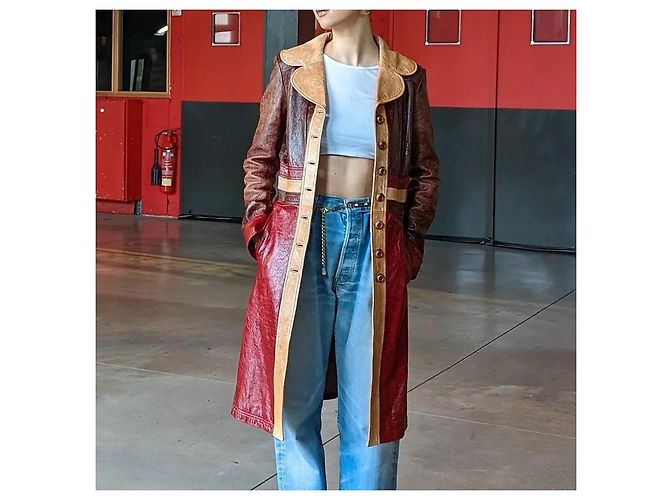 Cappotto lungo in pelle bicolore D&G Marrone Rosso - vista 3