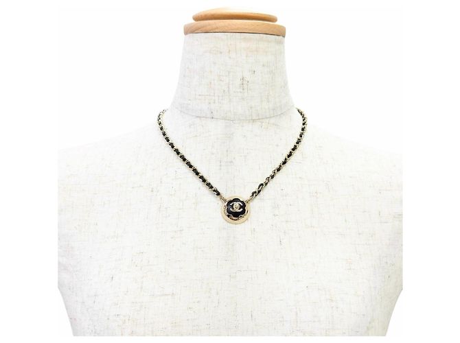 Chanel B25A Leder Coco Mark Camellia Halskette Schwarz Golden - Ansicht 3