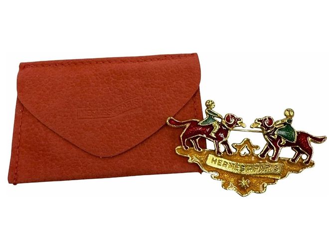 Hermès Spilla HERMES Vintage in metallo cloisonné Rosso D'oro Verde - vista 2