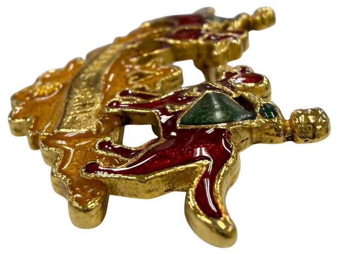 Hermès Spilla HERMES Vintage in metallo cloisonné Rosso D'oro Verde - vista 4