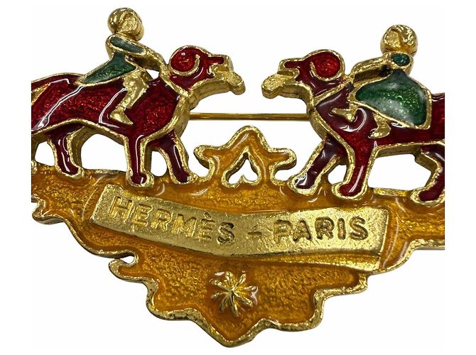 Hermès Spilla HERMES Vintage in metallo cloisonné Rosso D'oro Verde - vista 6