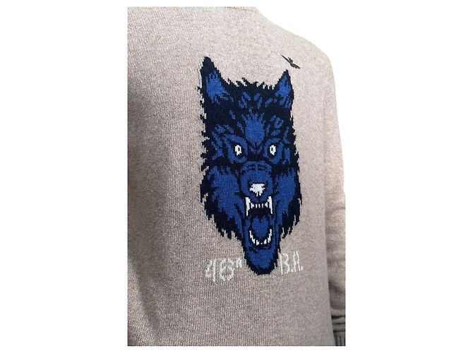 Autre Marque Aeronautica Militare Herren Wollpullover Beige Wolf-Print Blau - Ansicht 2
