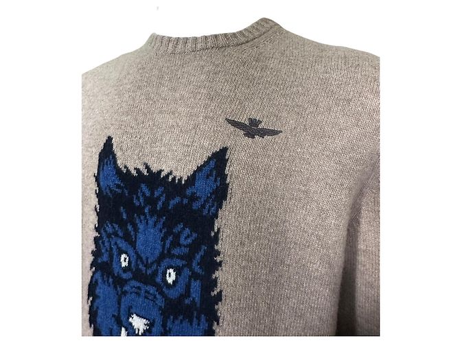 Autre Marque Aeronautica Militare Herren Wollpullover Beige Wolf-Print Blau - Ansicht 3