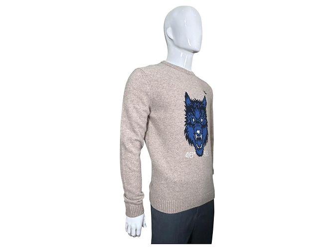 Autre Marque Aeronautica Militare Herren Wollpullover Beige Wolf-Print Blau - Ansicht 4