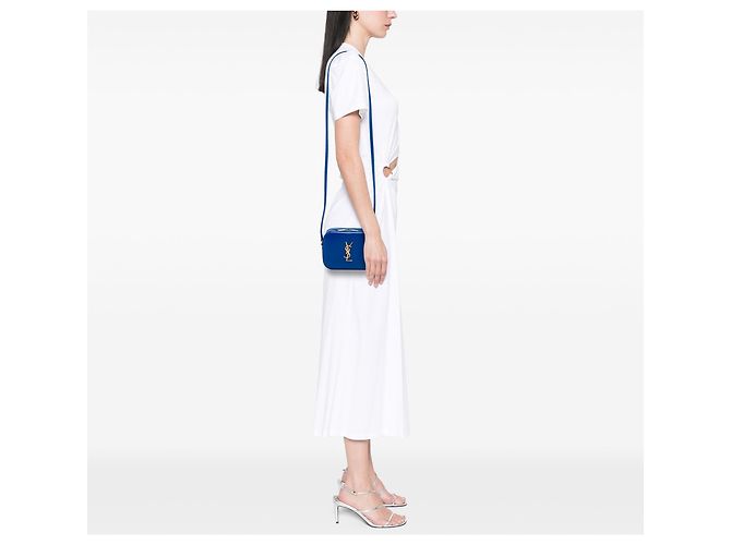 Borsa Camera Classic Monogram Small in pelle Grain De Poudre blu Saint Laurent - vista 5
