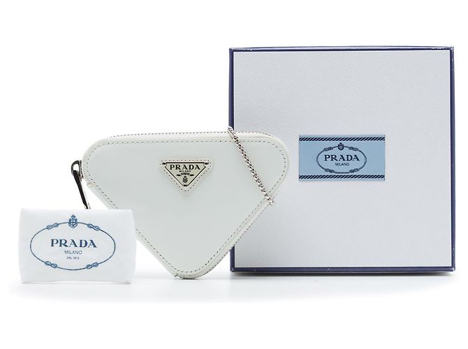 Pouch Mini Prada in pelle spazzolata bianca con catena e triangolo Bianco Bianco sporco - vista 7