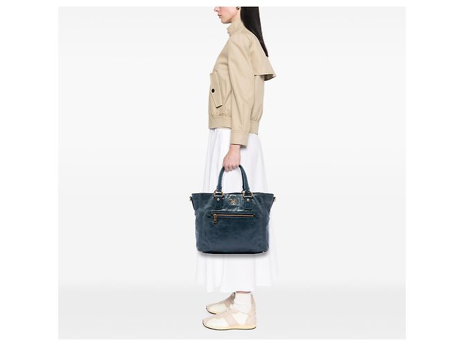 Tote convertible Prada Blue Vitello Shine con tasca frontale Blu navy - vista 6