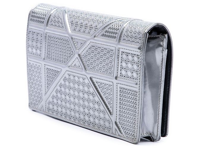 Dior Silver Metallic Patent Microcannage Diorama Wallet on Chain - view 2