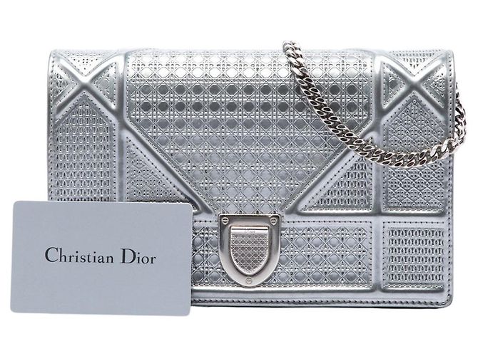 Dior Silver Metallic Patent Microcannage Diorama Wallet on Chain - view 7