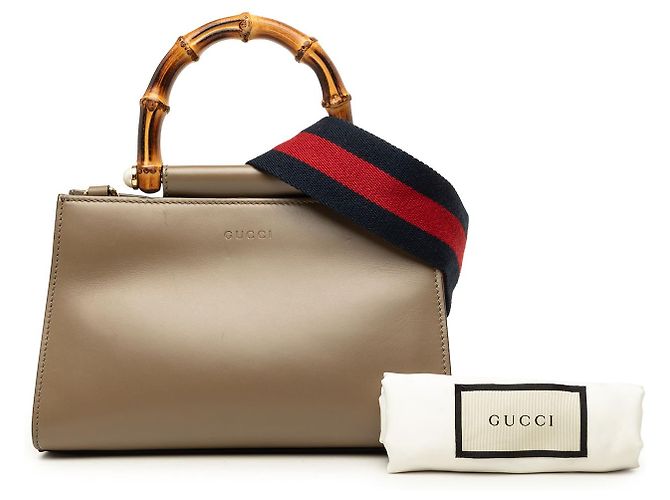 Bamboo Borsa Satchel Gucci Mini Nymphaea in vitello marrone con Web e Bambù Taupe - vista 7