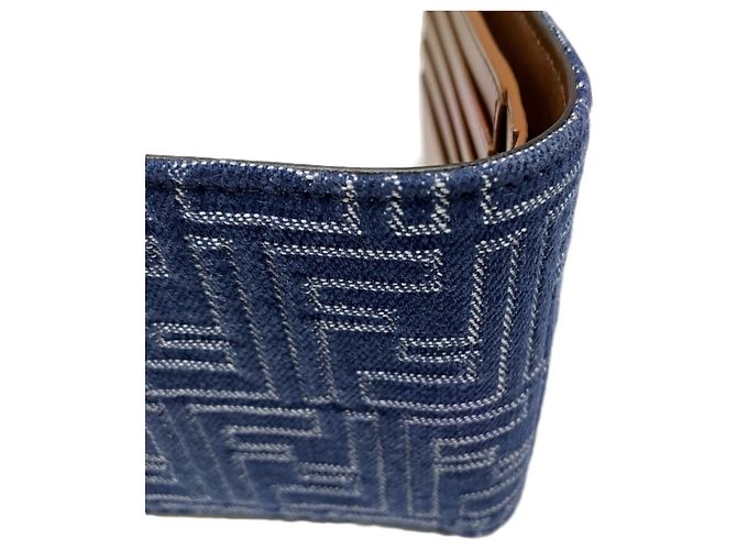 Fendi Bi-Fold Geldbörse Blau Leder und Stoff - Ansicht 8