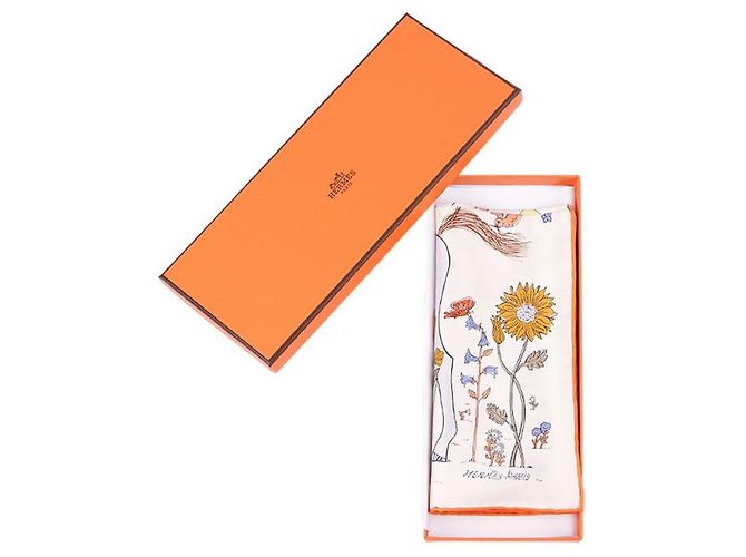 Hermès Schal aus Seidentwill Orange Creme Blau - Ansicht 11