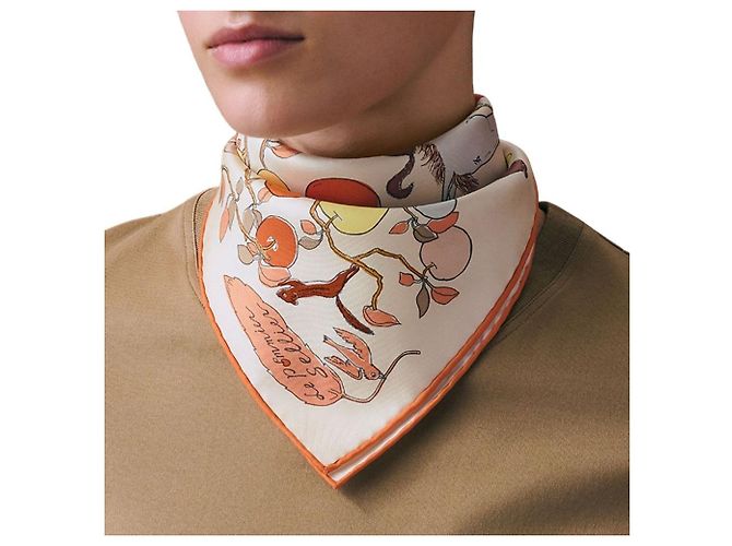 Hermès Schal aus Seidentwill Orange Creme Blau - Ansicht 4