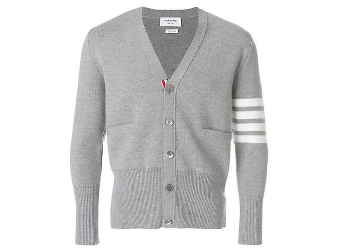 Thom Browne 4-Bar Cardigan mit V-Ausschnitt Hellgrau Braun - Ansicht 3