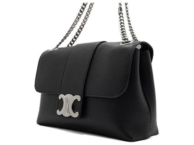 Céline Borsa Triomphe Medium in pelle di vitello nera con catena argentata Nero - vista 3