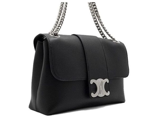 Céline Borsa Triomphe Medium in pelle di vitello nera con catena argentata Nero - vista 4