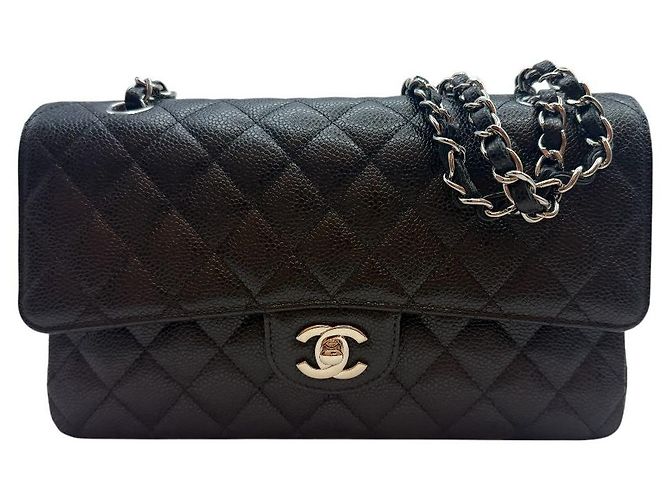 Chanel Borsa a tracolla Classic Medium Flap in Caviar Argento Nero - vista 2